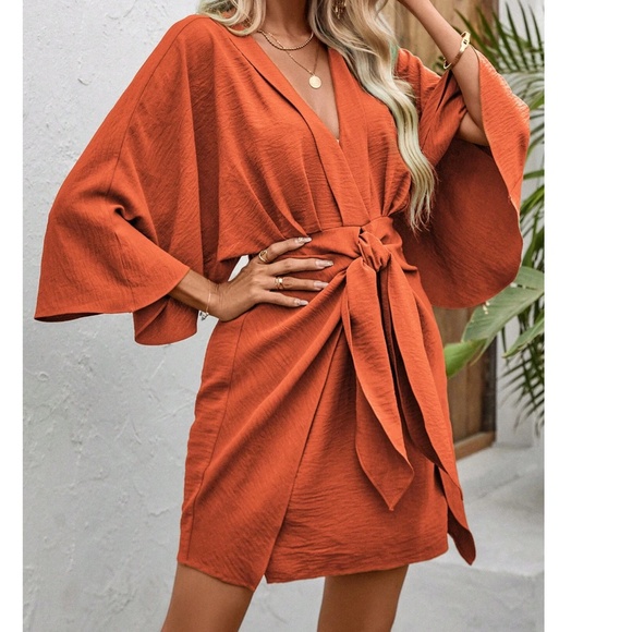 Solid V neck 3/4 Kimono Sleeve Stretchy Tie Waist Dress - Picture 7 of 7